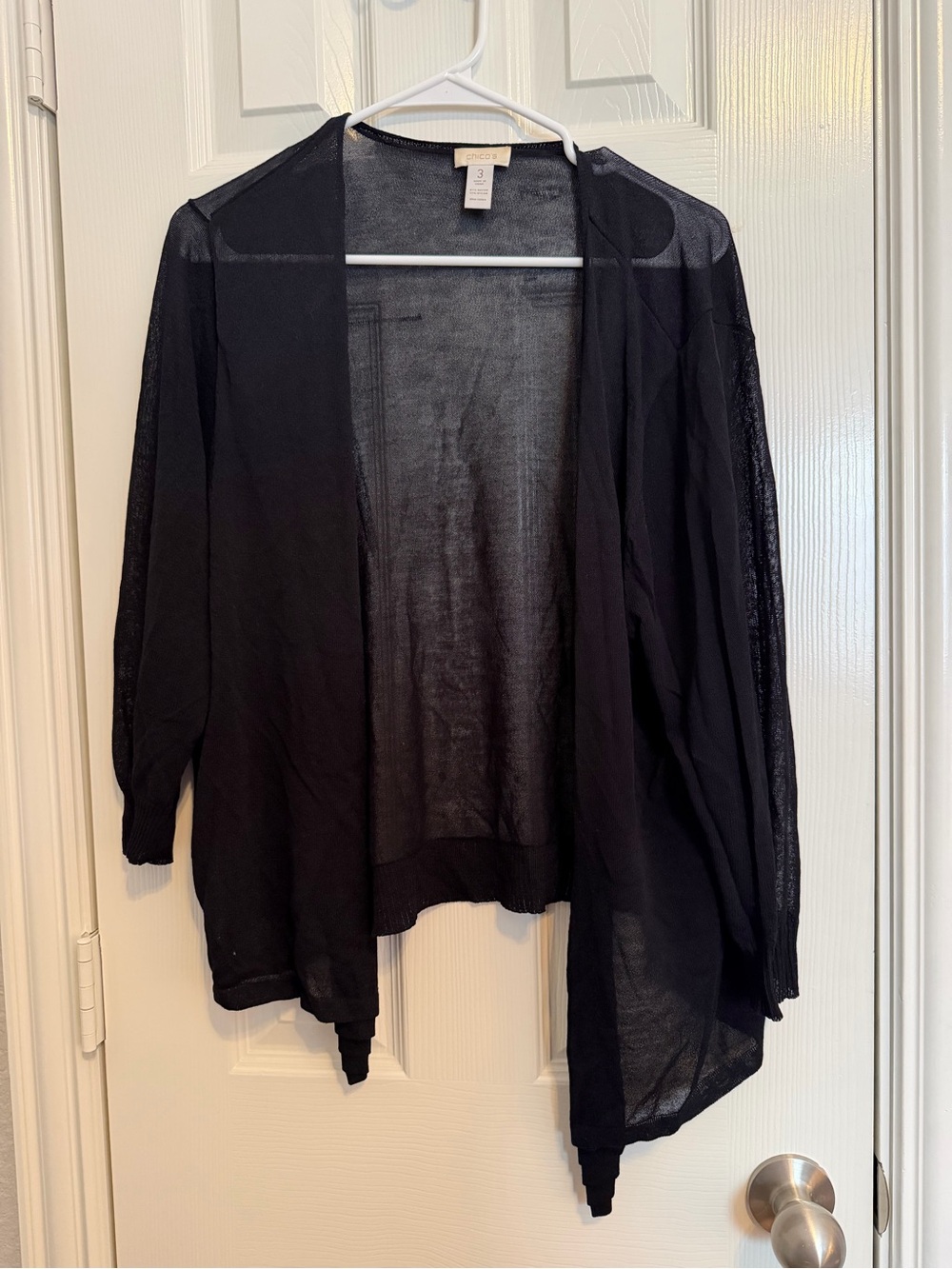 Chico’s Size 3 Black Sheer Open Front Cardigan Lightweight Draped Sweater